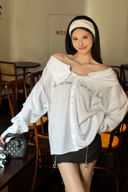 High-End One-Shoulder Printed Long Sleeve Boyfriend Shirt - Relaxed American Style Niche Design