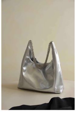 High-End Silver Tote Bag for Women - 2025 Large Capacity Commuting Handbag, Chain Shoulder Bag, Stylish Underarm Bag
