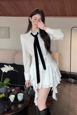 High-End White Long Sleeve Shirt Dress for Women, Waist-Cinching Slim Fit, Chic Autumn Winter Style, Trendy Hot Girl Look