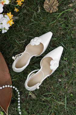High-End White Satin Camellia Wedding Shoes - Hollow One-Strap High Heel Sandals for Daily Wear and Special Occasions