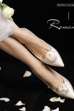 High-End White Satin Wedding Shoes with Rose Detail - French Style High-Heeled Bridal Dress Shoes for Everyday Elegance
