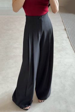 High-End Women's Black Wide-Leg Suit Pants - Breathable Pleated Design for Summer 2025, Personalized Fashion Style