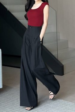 High-End Women's Black Wide-Leg Suit Pants - Breathable Pleated Design for Summer 2025, Personalized Fashion Style