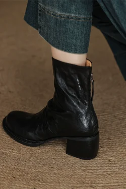 High Heel Round Toe Genuine Leather Martin Boots for Women - 6cm Slim Ankle Boots in Black for Autumn/Winter Fashion