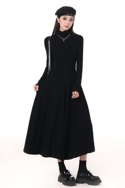 High-Neck Black A-Line Dress with Knitted Coat, Waist-Cinching Solid Color for Women - Autumn Winter Style