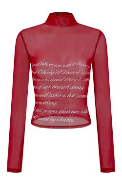 High-Neck Long Sleeve Pullover for Women - American Street Style Letter Print, Thin & Slightly Sheer Fitted Top