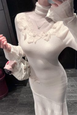 High Neck Wool Knitted Mermaid Skirt Dress - Winter White Knee-Length Sweater Dress with Mesh Detail, Elegant and Cozy