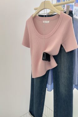High-Quality Women's Short-Sleeve T-Shirt with Shoulder Design, Thin Ice Silk Knit Top, Niche Style for Summer Fashion