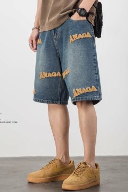 High Street American Style Embroidered Denim Shorts for Men - Trendy Loose Straight Five-Point Casual Summer Shorts in Large Size
