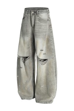 High Street American Style Wide-Leg Ripped Jeans with Splatter and Dirty Dye, Curved Knife Design, Summer Fashion for Trendsetters