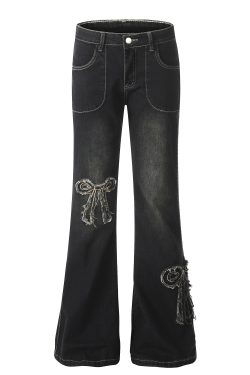 High Street American Vintage Bow Flared Slimming Jeans for Women - Floor-Length Hot Girl Style