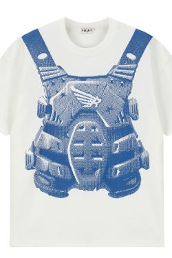 High Street American Vintage Pixel Bullet Hole Short Sleeve T-Shirt in Pure Cotton - Mecha Design, Retro Style