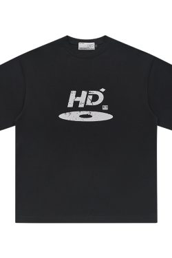 High Street Casual Disc Logo Printed Short-Sleeve T-Shirt for Men - Trendy Urban Style, American Aesthetic