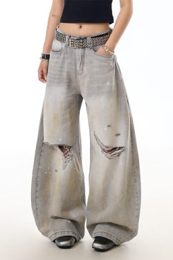 High Street Ink Splash Distressed Water-Washed Denim Jeans for Women, Curved Blade Wide-Leg Pants, Casual American Style Fashion