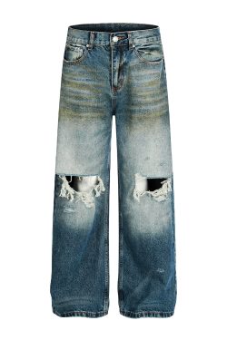 High Street Loose Floor-Length Denim Pants with Inside Patch Hole Design – Straight Leg American Style for a Trendy Vibe
