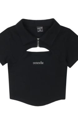 High Street Trendy Polo Collar Hollow Out Short Sleeve Crop Top - Unique Summer T-Shirt for Chic Y2K Style Fashion