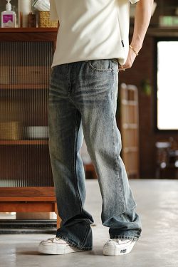 High Street Vintage Distressed Denim Pants for Men - Trendy Loose Straight-Leg Trousers in American Style Fashion