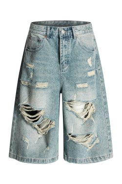 High Street Vintage Ripped Denim Shorts for Summer, Loose Wide-Leg Cropped Design, American 90s Style Fashion