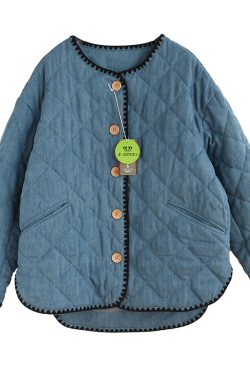 High-Strength Denim Shell Jacket with Embroidered Diamonds, Snow-Like Quilted Design, Heat-Retaining, Volcanic Rock Technology