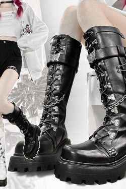 High-Top Martin Boots for Women, Square Toe Punk Style, Versatile Long Knight Boots, Autumn Winter Fashion, Miming Butterfly Design