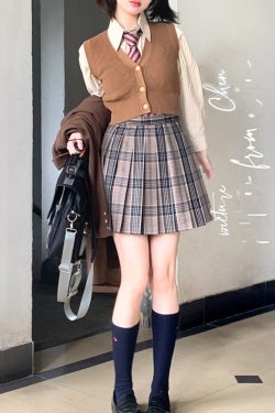 High Waist Pleated JK Plaid Skirt for Women - Cute Pudding Bear Design, Y2K Style Uniform Short Skirt