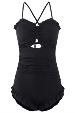 High Waist Ruffled Edge One-Piece Swimsuit for Women, Tummy Control, Slimming Design, Large Back Exposure, 2025 Trendy Swimwear