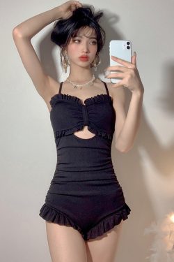 High Waist Ruffled Edge One-Piece Swimsuit for Women, Tummy Control, Slimming Design, Large Back Exposure, 2025 Trendy Swimwear