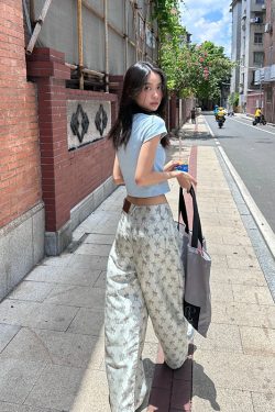High Waist Vintage Bow Wide Leg Loose Casual Pants for Women - Full Print Jacquard Design, Retro Style, Trendy Fashion Essentials