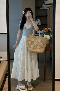 High-Waisted A-Line Cake Midi Skirt in Blue and White - Sweet Momo Girl Aesthetic for Versatile Date Looks