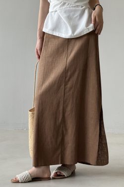 High-Waisted A-Line Ramie Skirt for Women - Elegant Straight Cut, Casual Split Design, 2025 Summer Style, High-End Quality