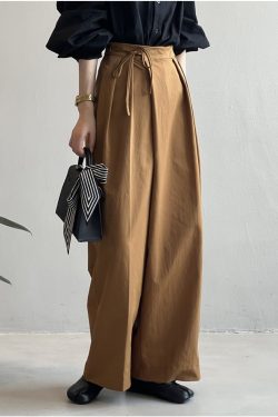 High-Waisted Asymmetrical Tie Wide-Leg Pants for Women, Casual Loose Straight Trousers, Spring 2025 Fashion