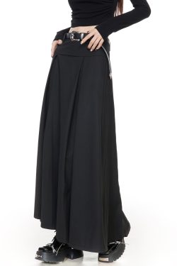 High-Waisted Black Pleated Skirt for Women - A-Line Design, 2025 Spring Fashion, Flattering Drape, Chic & Elegant Style