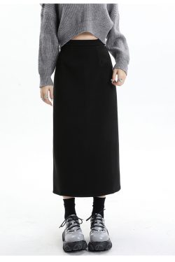 High-Waisted Black Wool Midi Skirt for Women, A-Line Design with Back Slit, Perfect for Petite Figures, Autumn & Winter Fashion.