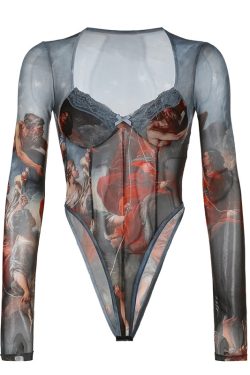 High-Waisted Long Sleeve Fitted Jumpsuit with Mesh Butterfly Print - European & American Style for Spring/Summer 2024, Spicy Girl Streetwear