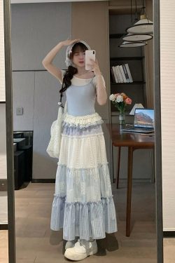 High-Waisted Sweet Gradient Spliced Cake Skirt - Slimming Mid-Length Design for Spring Summer Fashion