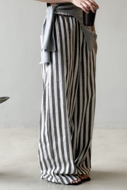 High-Waisted Wide-Leg Striped Casual Pants for Women - 2025 Summer Old Money Style Thin Lightweight Trousers