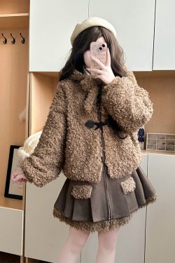 Hooded Lamb Wool Coat and Pudding Bear JK Uniform Set - Autumn Winter Two-Piece College Style for Women