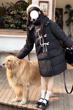 Hooded Loose Fit Long Down Jacket with Horn Buttons, Thick Slimming White Duck Down Coat, Straight Cut, Pudding Bear JK Style