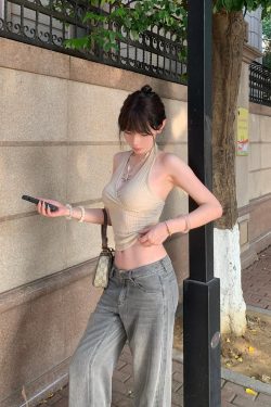 Hot Girl Pure Desire Cross V-Neck Knitted Ribbed Sleeveless Top - Women's Slim Fit Vest, Trendy Y2K Style Fashion Top