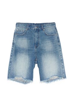 Indigo Destroyed Mid-Rise Denim Shorts for Women – Vintage Style, Casual Summer Fashion, Trendy Distressed Look