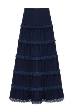 Ink Blue Tribal Style Draped A-Line Long Skirt - Vintage Retro Half Skirt for Y2K and Bohemian Fashion