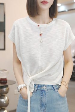 Irregular Blue Short-Sleeve T-Shirt for Women - 2025 Summer Casual Thin Ice Silk Knitted Top in Y2K Style