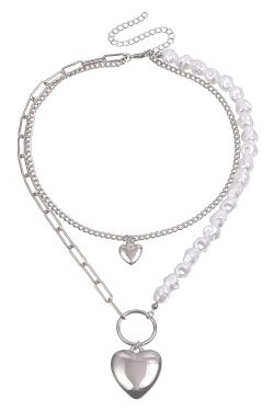 Irregular Faux Pearl Bead Splicing Clavicle Chain Necklace, Double-Layer Heart Pendant Necklace for Women - Trendy European Style Jewelry