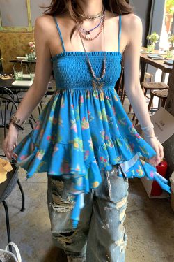 Irregular Floral Camisole - Spicy Girl Ukiyo-e Summer Top for Women - Trendy Doll Shirt - Y2K Inspired Fashion Outerwear