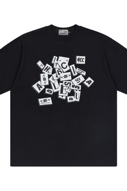 Irregular Paper-Cut Print Logo Street Hip-Hop Casual Round Neck Short Sleeve T-Shirt for Urban Style Enthusiasts