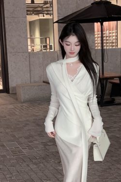 Irregular White Knitted Sweater Set for Women - Two-Piece with Lace Vest and Ribbons, Cozy Winter Fashion, Y2K Style