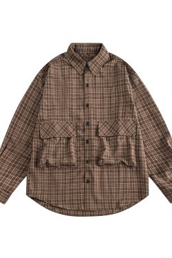 Japanese Retro City Boy Plaid Shirt Jacket for Men and Women, Loose Fit Long Sleeve, Large Pocket, Trendy Spring Autumn Fashion