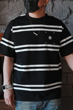 Japanese Retro Striped Short Sleeve T-Shirt for Men - Versatile Minimalist Design with High-End Embroidered Label, Y2K Style