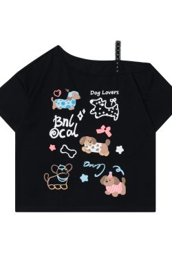 Japanese-Style Cartoon Pet Dog Short Sleeve T-Shirt for Women - Loose Slim Fit Summer Top, Cute Fun Y2K Fashion