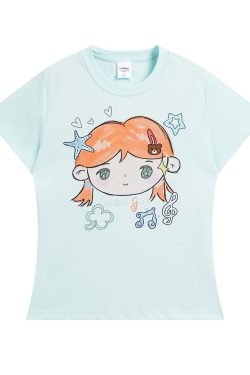Japanese-Style Graffiti Cartoon Printed Short Sleeve T-Shirt for Women - Slim Fit, Flattering Summer Top, Sweet & Spicy Y2K Fashion